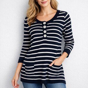 Liz & Co Striped Sweater Womens L Navy White Pocket Cotton Nautical Top